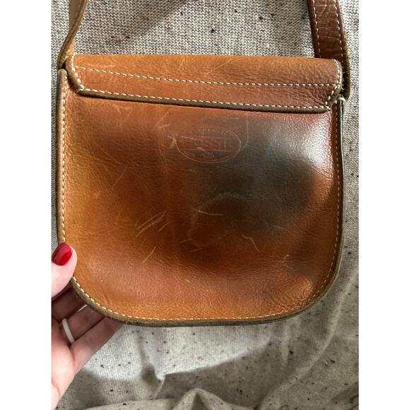 Vintage Fossil Turn Lock Brown Leather Crossbody VTG Flaw - Picture 3 of 9